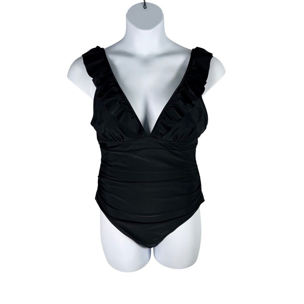 Cupshe Black Ruffle V-Neck One Piece Swimsuit XXL Lace Up Back Ruched Sexy